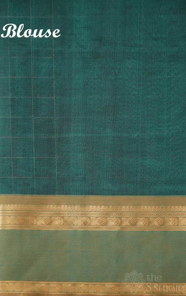 Teal blue checked silk cotton saree with rettaipet border