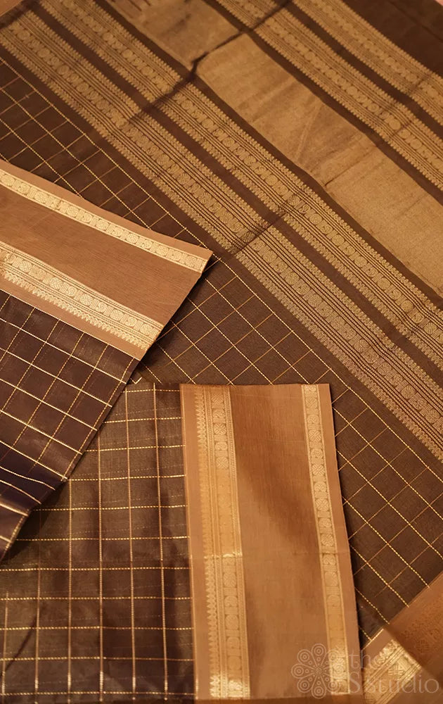 Methi green checked silk cotton saree with rettaipet border