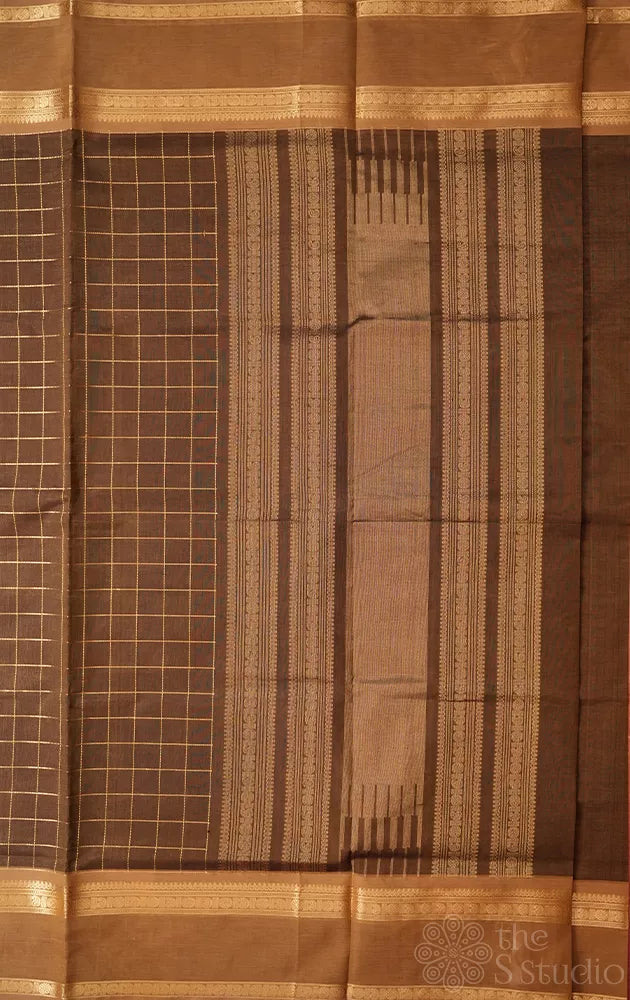 Methi green checked silk cotton saree with rettaipet border