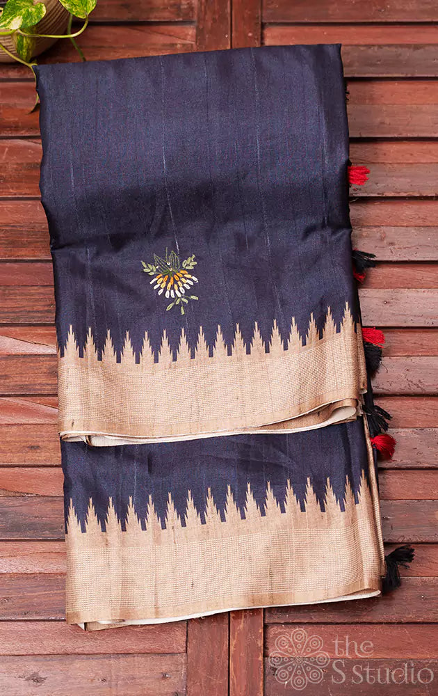 Dark grey semi tussar saree with embroidery