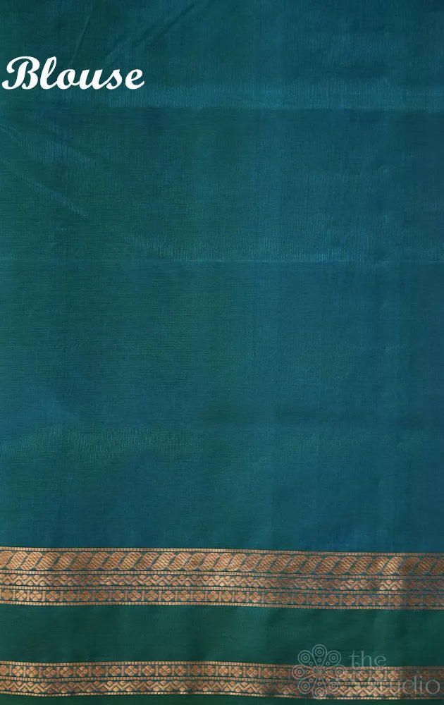 Teal blue silk cotton saree with rettai pet border