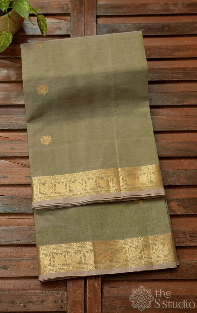 Light Pista green silk cotton saree with zari border