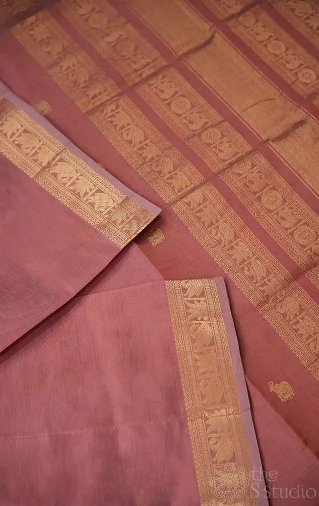 Onion pink handloom silk cotton saree with pichwai design motifs