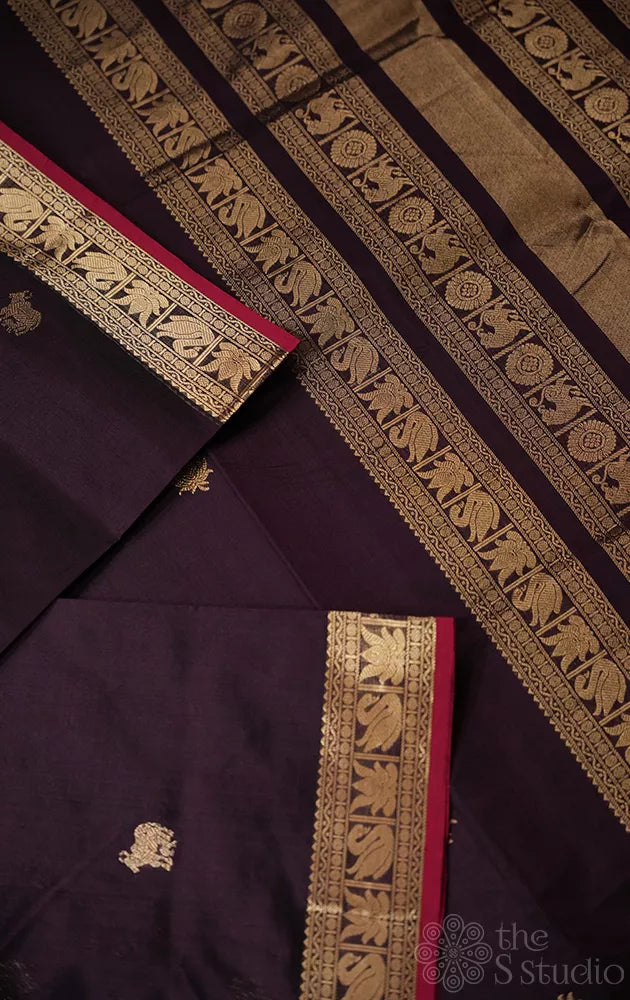 Dark brown handloom silk cotton saree with zari border