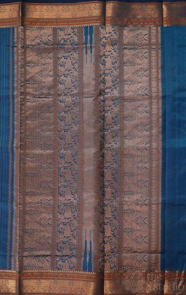 Blue silk cotton saree with vertical lines and zari border