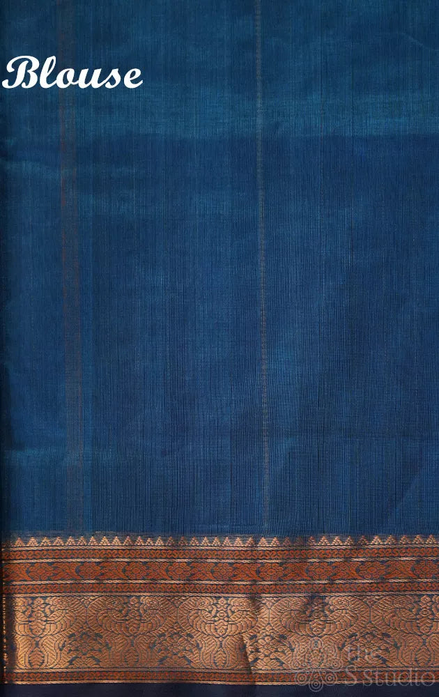 Blue silk cotton saree with vertical lines and zari border
