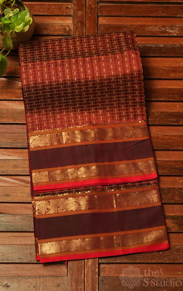 Brown aayiram butta silk cotton saree with rettaipet border