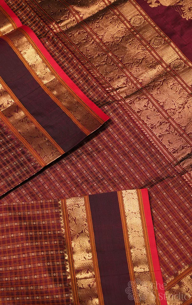 Brown aayiram butta silk cotton saree with rettaipet border