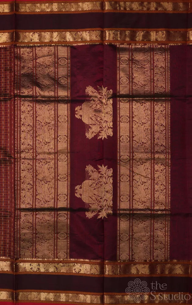 Brown aayiram butta silk cotton saree with rettaipet border