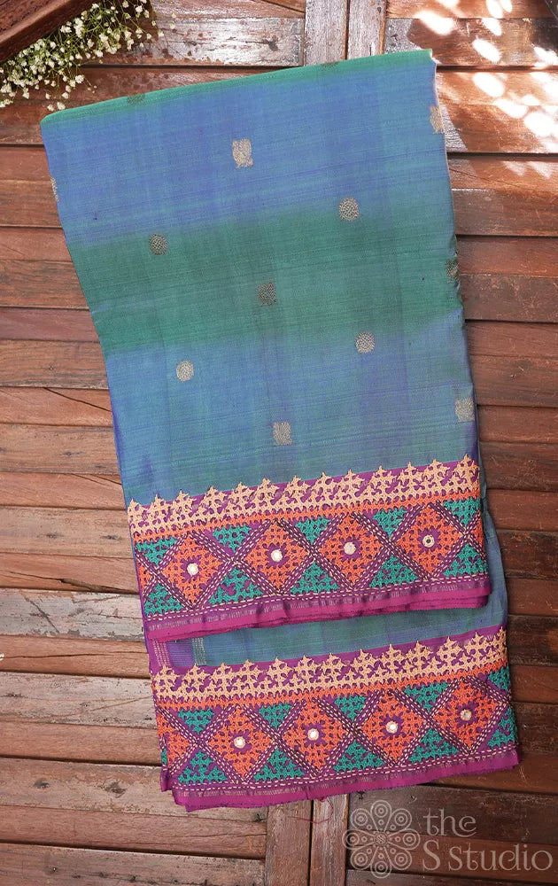 Peacock blue kanchipuram silk saree with hand kutch embroidery