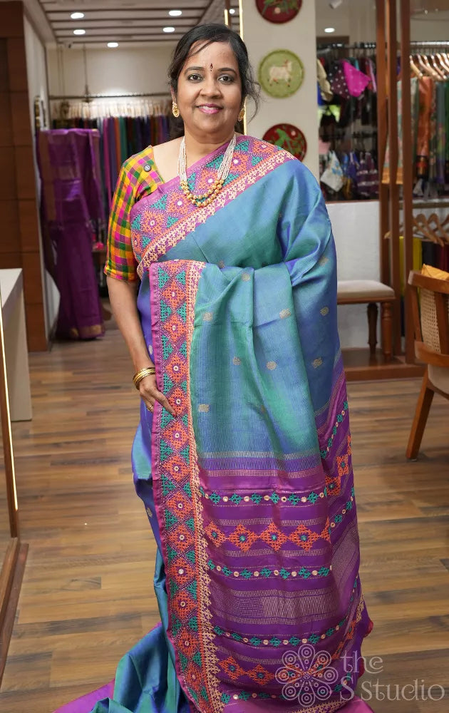 Peacock blue kanchipuram silk saree with hand kutch embroidery