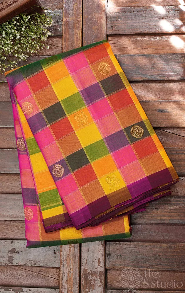 Paalum pazhamum checks kanchi silk saree  in shades of yellow, pink and green