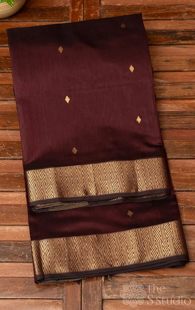Brown maheshwari silk cotton saree with diamond zari buttas