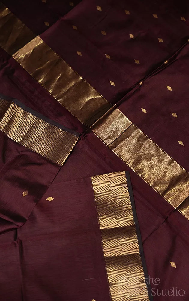 Brown maheshwari silk cotton saree with diamond zari buttas