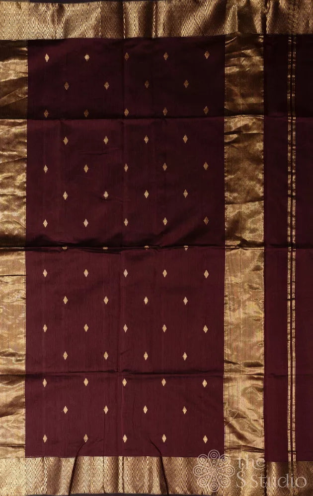 Brown maheshwari silk cotton saree with diamond zari buttas