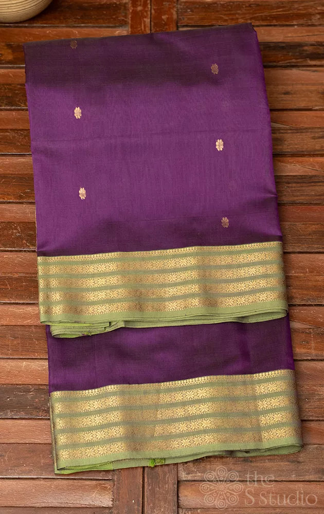 Violet maheshwari silk cotton saree with green border