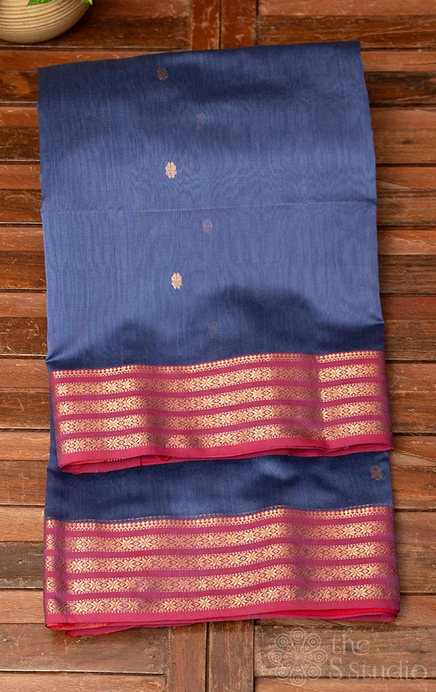 Greyish blue maheshwari silk cotton saree with red zari border