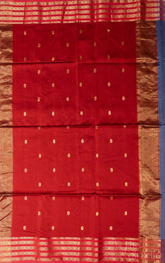 Greyish blue maheshwari silk cotton saree with red zari border