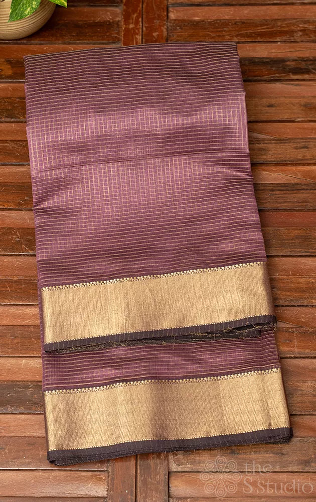 Mauve brown maheshwari silk cotton saree with zari checks