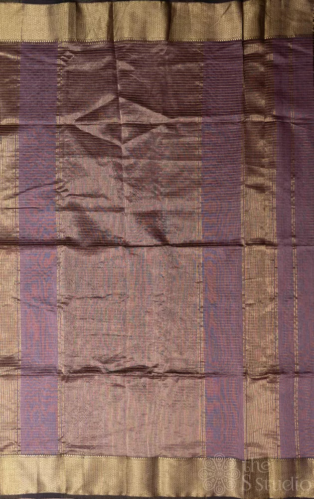 Mauve brown maheshwari silk cotton saree with zari checks