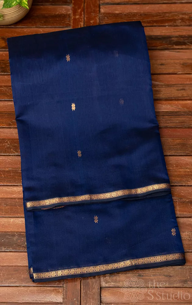 Navy blue maheshwari silk cotton saree with maroon pallu