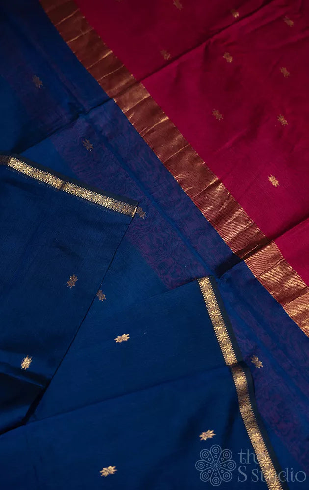 Navy blue maheshwari silk cotton saree with maroon pallu