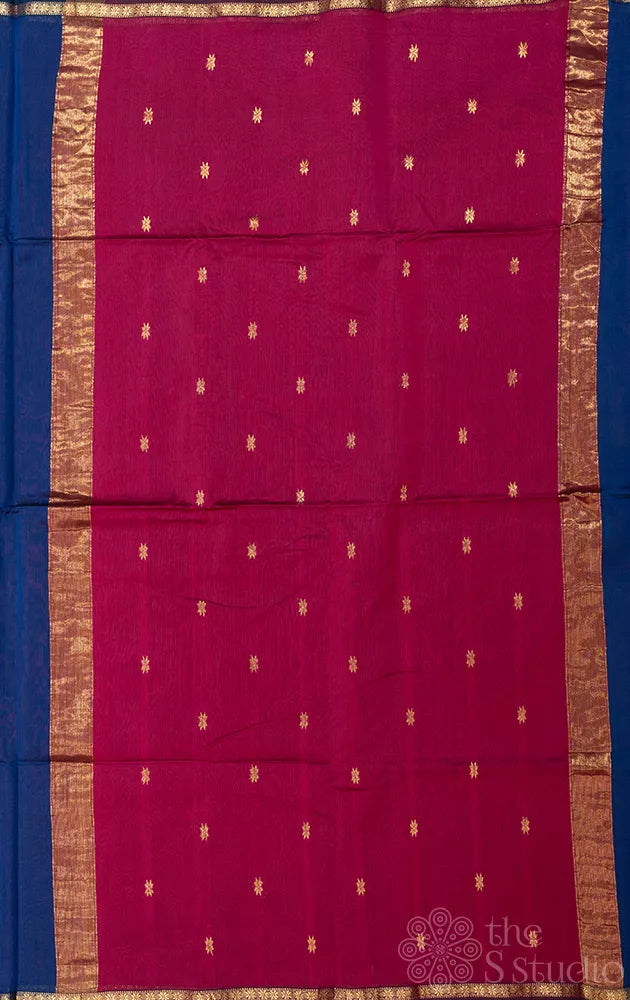 Navy blue maheshwari silk cotton saree with maroon pallu