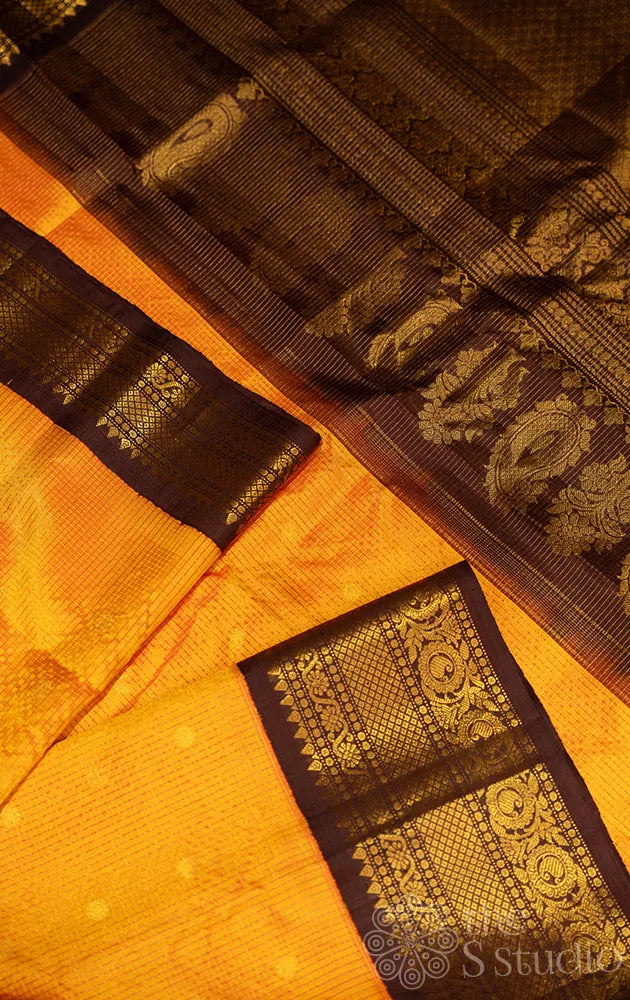 Mango yellow gadwal silk saree with brown border