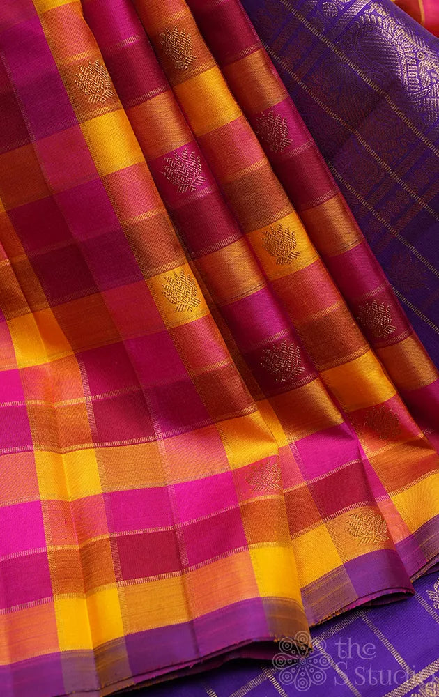 Paalum Pazhamum checks kanchi silk saree with violet pallu