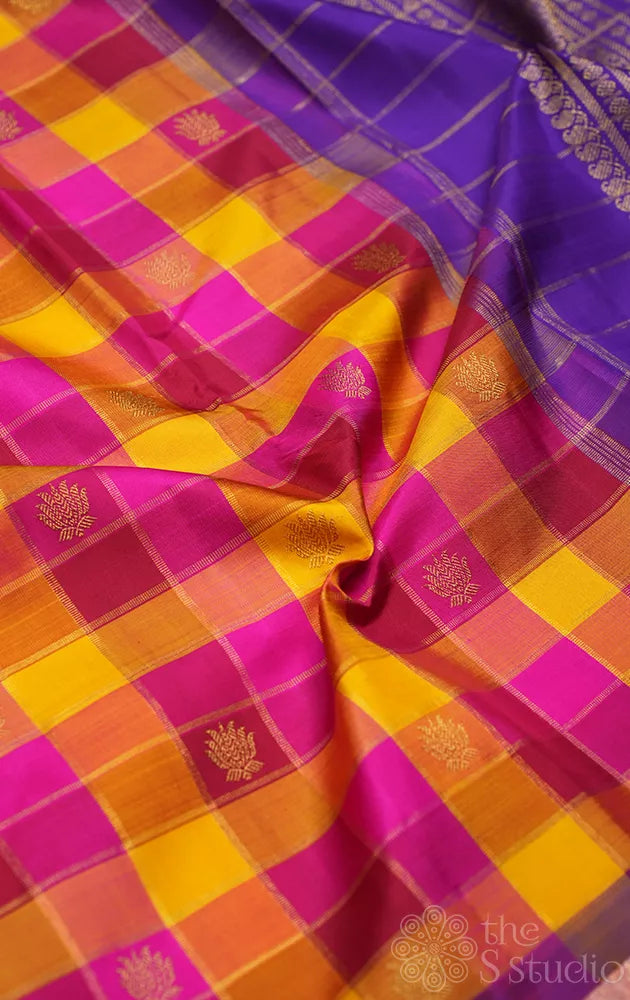 Paalum Pazhamum checks kanchi silk saree with violet pallu