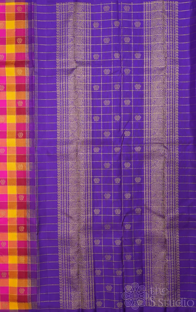 Paalum Pazhamum checks kanchi silk saree with violet pallu