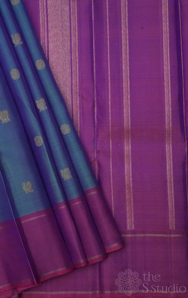 Peacock blue kanjivaram silk saree with purple border