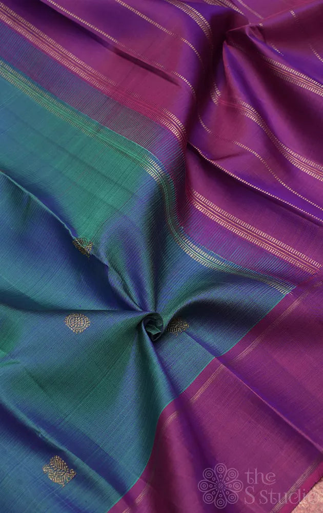Peacock blue kanjivaram silk saree with purple border
