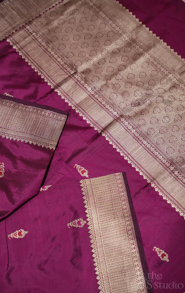 Purple katan banarasi silk saree with kadwa butta