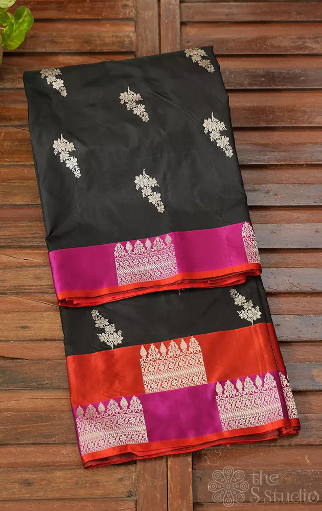 Black katan banarasi silk saree with double colour border