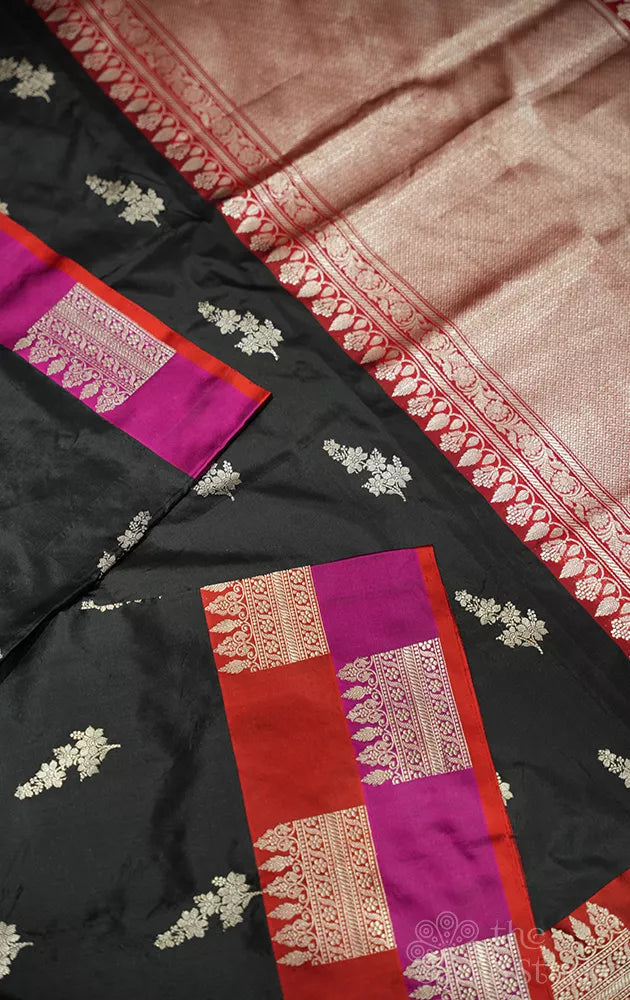 Black katan banarasi silk saree with double colour border