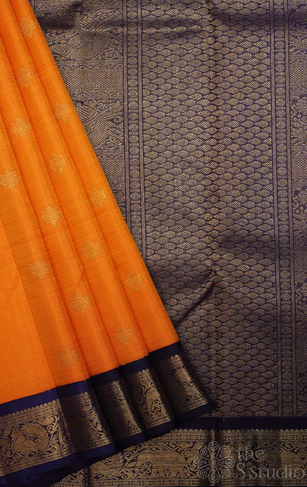 Mango yellow kolam butta vaira oosi kanchi silk saree with korvai border