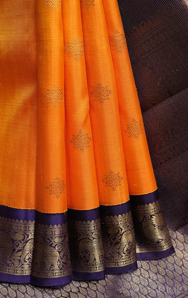 Mango yellow kolam butta vaira oosi kanchi silk saree with korvai border