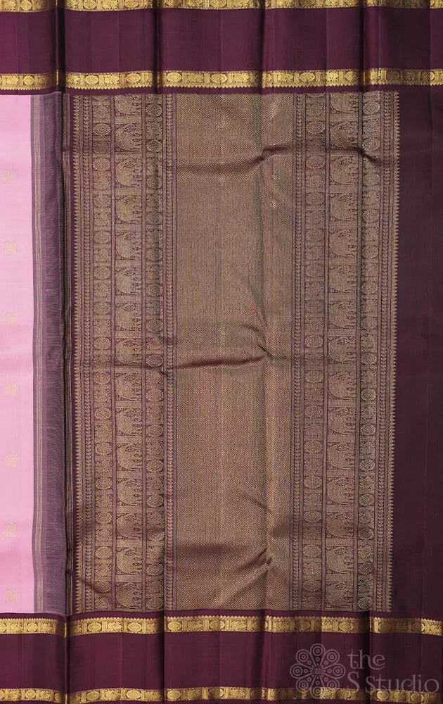 Pink kanchi silk saree with korvai brown rettai pet border