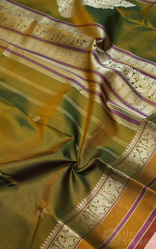 Chutney green threadwork kanchi pattu saree with sorgavasaal pallu
