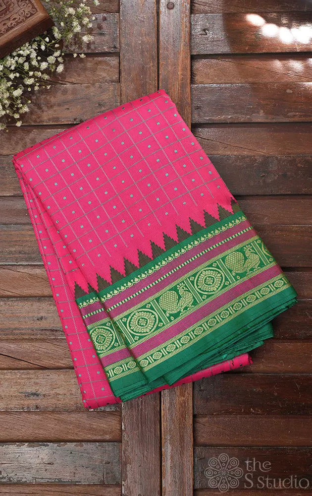 Salmon pink threadwork kanjivaram saree with korvai green border