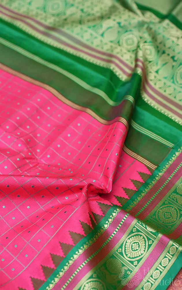 Salmon pink threadwork kanjivaram saree with korvai green border