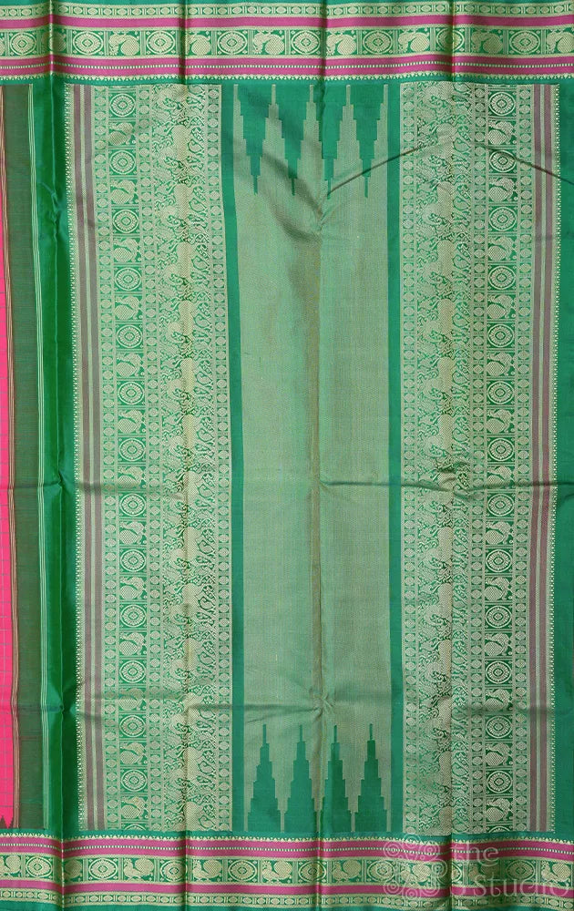 Salmon pink threadwork kanjivaram saree with korvai green border