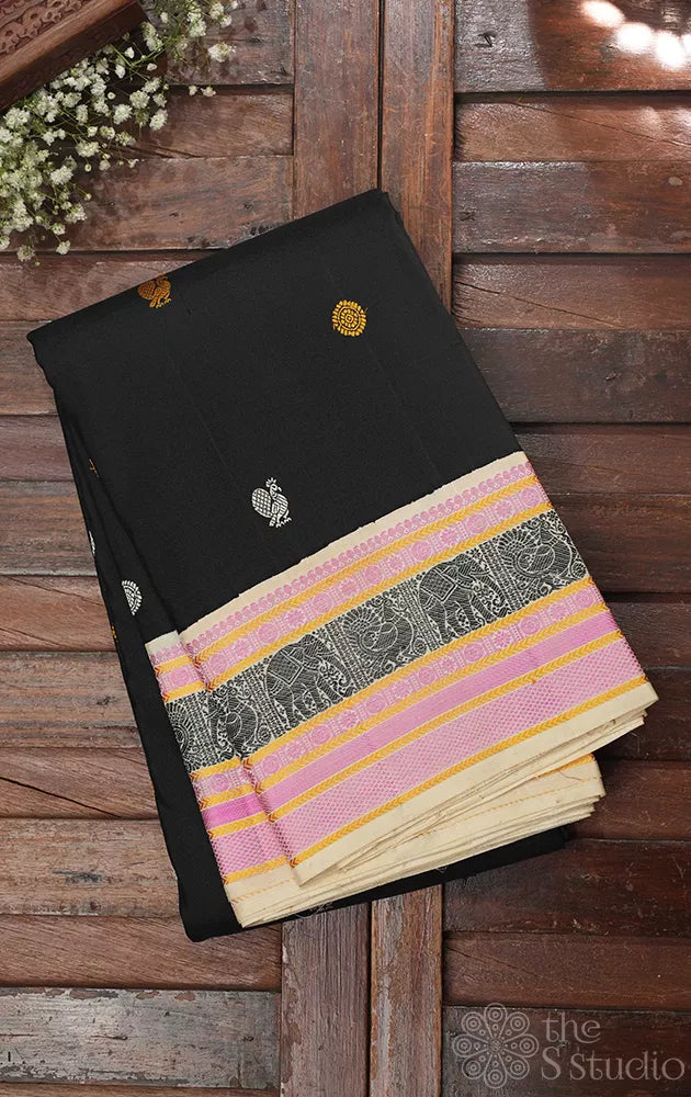 Black threadwork kanchi silk saree with halfwhite border