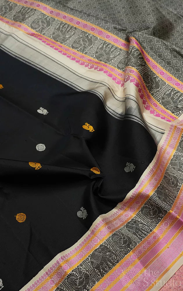 Black threadwork kanchi silk saree with halfwhite border