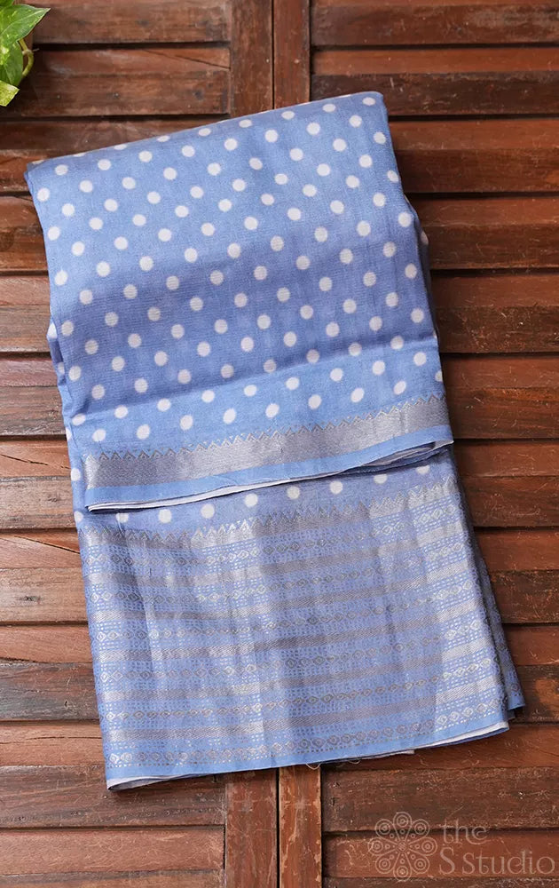 Powder Blue Mangalagiri Silk Cotton Saree with Polka Dots and Kalamkari Printed Pallu