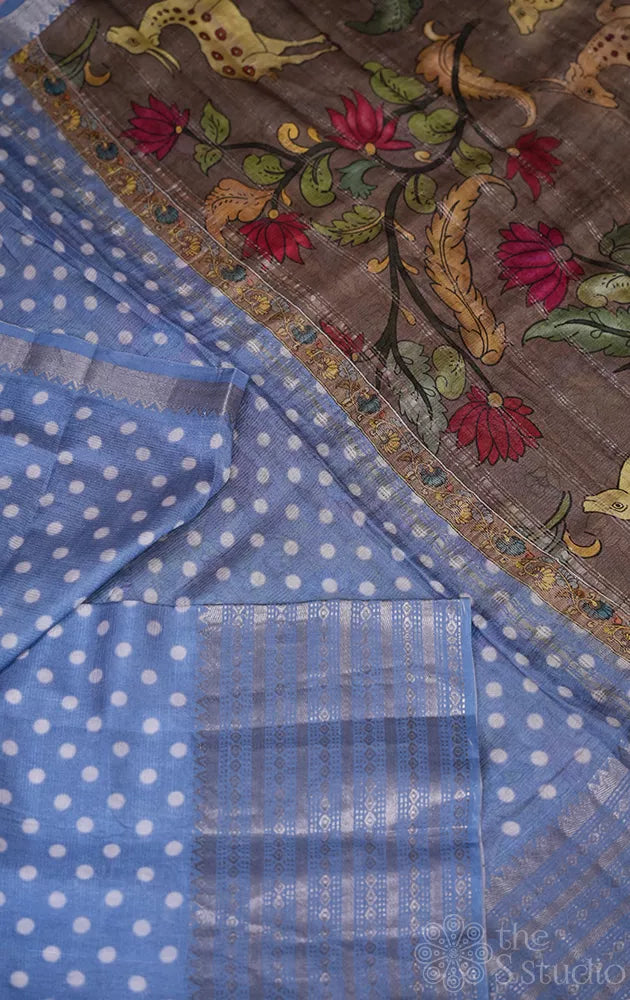 Powder Blue Mangalagiri Silk Cotton Saree with Polka Dots and Kalamkari Printed Pallu