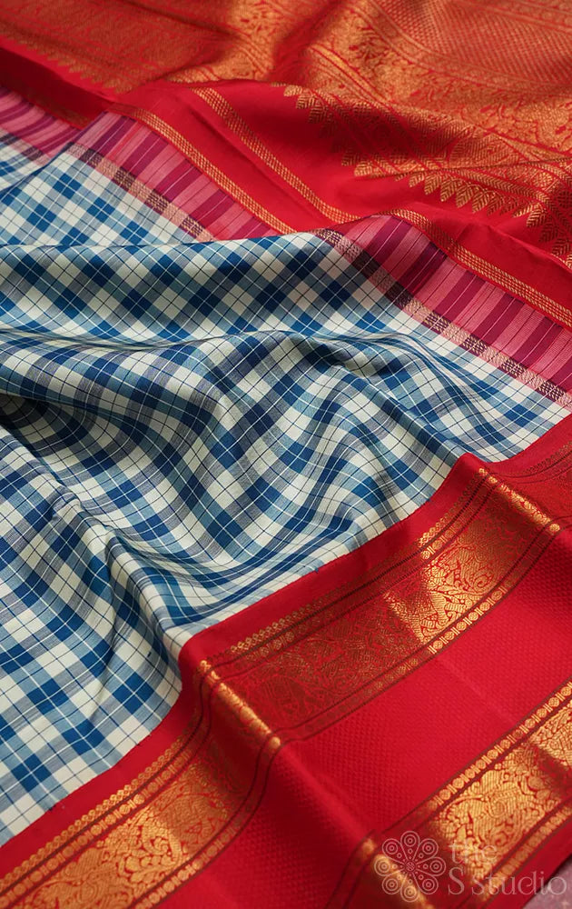 Blue and white checked kanjivaram silk saree with korvai red border with rettaipet zari