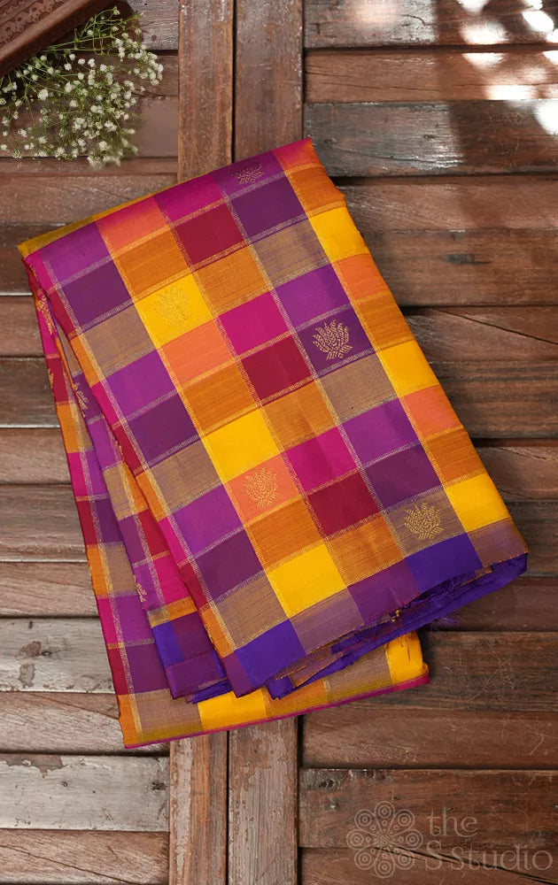 Paalum Pazhamum checks kanchipuram silk saree with lotus zari buttas