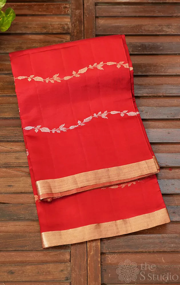 Red lightweight katan banarasi silk saree with floral  zari creepers design